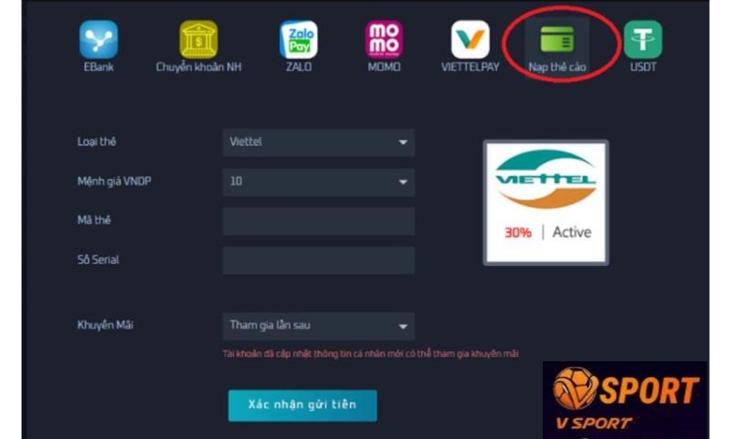 Cách nạp tiền Vsport đơn giản